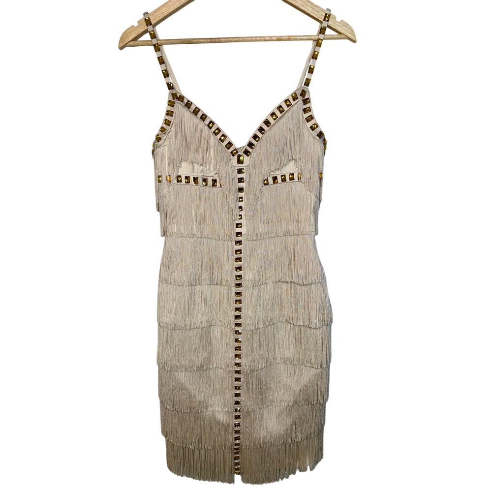 NWT Mandalay Cream Fringe Gold Beaded Midi Evening Cocktail Dress Womens Size 4